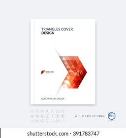 Abstract business brochure template layout, cover design report, magazine or booklet in A4 with red dynamic polygonal arrows and geometric triangle shapes on white background. Vector.