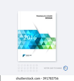 Abstract business brochure template layout, cover design report, magazine or booklet in A4 with blue dynamic polygonal arrows and geometric triangle shapes on white background. Vector.