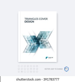 Abstract business brochure template layout, cover design report, magazine or booklet in A4 with blue dynamic polygonal arrows and geometric triangle shapes on white background. Vector.