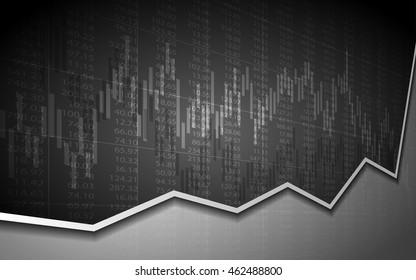 Abstract Business Candlestick chart with uptrend line graph and stock numbers in bull market on dark gray background (vector)
