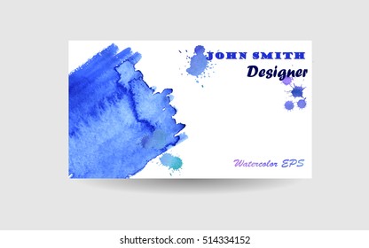 Abstract business card background design. Blue watercolor texture and splash. Place your text, logo, name. Vector illustration.