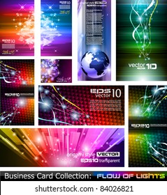 Abstract Business Card Collection: Flow of lights set 5. A collection of backgrounds full of stars, ray lights, glitters and luminance elements.