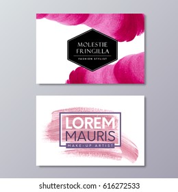 Abstract Business Card templates for fashion stylist, make-up artist or wedding logo. Watercolor hand drawn pink vector paint brush smear background.