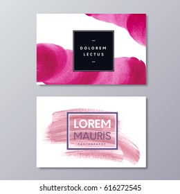 Abstract Business Card templates for Photography, fashion stylist or wedding industry logo. Watercolor hand drawn pink vector paint brush stroke background.