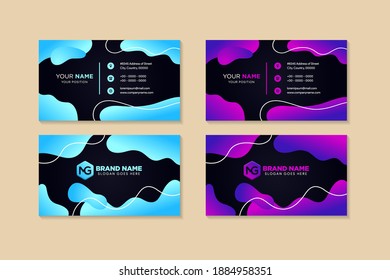 abstract business card use horizontal layout. dark background combined with blue and purple gradient liquid element. 