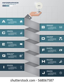 abstract business chart. 10 Steps diagram template with business man's hand holding light bulb. EPS10.