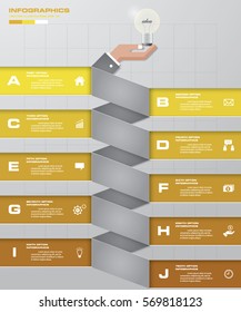 abstract business chart. 10 Steps diagram template with business man's hand holding light bulb. EPS10.