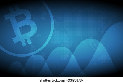 Abstract Business chart with bitcoin sign and world map on gradient blue color background