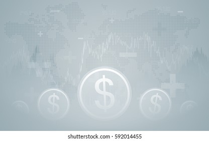 Abstract Business chart with dollar sign and world map in stock market on gradient gray color background (vector)
