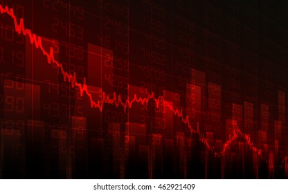 Abstract Business chart with downtrend line graph, bar chart and stock numbers in bear market on dark red background (vector)