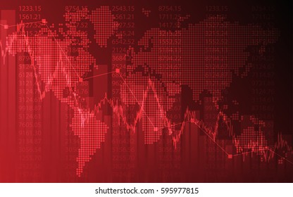 Abstract Business chart with downtrend line graph and world map in stock market on gradient red color background (vector)