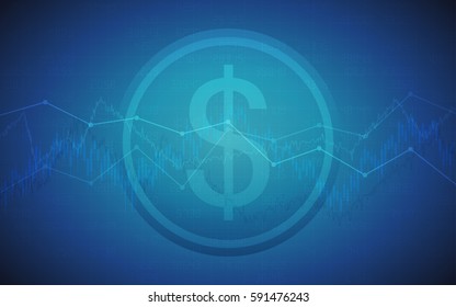 Abstract Business chart with line graph, dollar sign and numbers in stock market on gradient blue color background (vector)
