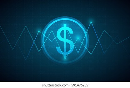 Abstract Business chart with line graph, dollar sign and numbers in stock market on gradient blue color background (vector)