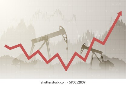 Abstract Business chart with Oil pumps and up arrows in stock market on gradient gray color background (vector)