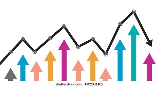 Abstract Business chart with trend line graph and arrows of stock market in flat icon design on white color background