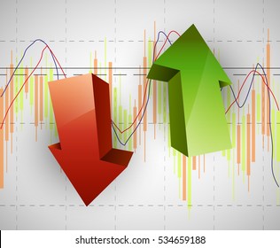 Abstract Business Chart With Uptrend Line Graph, Bar Chart And Stock Numbers In Bull Market With Arrow Up And Down. Evaluation Of Investment Risks. Vector Financial Markets Background