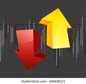 Abstract Business chart with uptrend line graph, bar chart and stock numbers in bull market with arrow up and down. Evaluation of investment risks. Vector financial markets background