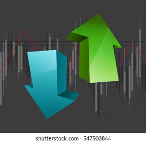 Abstract Business chart with uptrend line graph, bar chart and stock numbers in bull market with arrow up and down. Evaluation of investment risks. Vector financial markets background