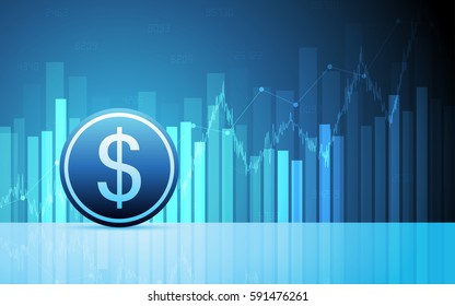 Abstract Business chart with uptrend line graph, dollar sign and numbers in stock market on gradient blue color background (vector)