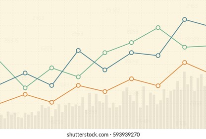 Abstract Business chart with uptrend line graph and number of stock market in flat icon design on yellow color background (vector)