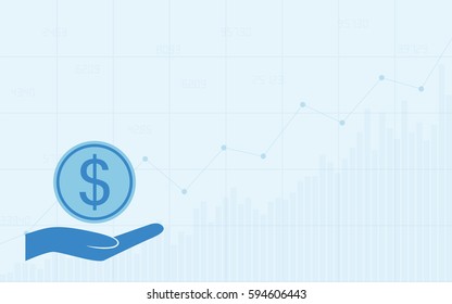 Abstract Business chart with uptrend line graph and dollar sign on hand icon in stock market on blue color background (vector)