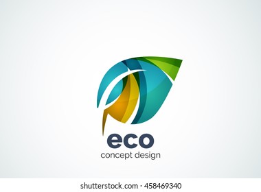 Abstract business company leaf logo template, green concept - geometric minimal style, created with overlapping curve elements and waves. Corporate identity emblem.