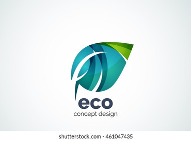 Abstract business company leaf logo template, green concept - geometric minimal style, created with overlapping curve elements and waves. Corporate identity emblem.