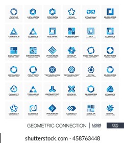 Abstract business company logo set. Corporate identity design elements. Segment interaction, connect concept. Circles, square, hexagon geometric integrate logotype collection. Colorful Vector icons