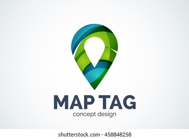 Abstract business company map tag or locator logo template, navigation pointer concept - geometric minimal style, created with overlapping curve elements and waves. Corporate identity emblem