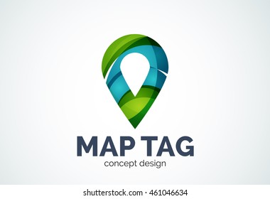 Abstract business company map tag or locator logo template, navigation pointer concept - geometric minimal style, created with overlapping curve elements and waves. Corporate identity emblem