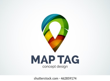 Abstract business company map tag or locator logo template, navigation pointer concept - geometric minimal style, created with overlapping curve elements and waves. Corporate identity emblem
