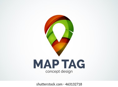 Abstract business company map tag or locator logo template, navigation pointer concept - geometric minimal style, created with overlapping curve elements and waves. Corporate identity emblem