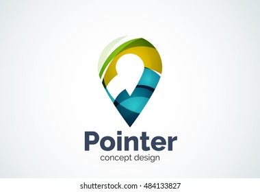 Abstract business company map tag or locator logo template, navigation pointer concept - geometric minimal style, created with overlapping curve elements and waves. Corporate identity emblem