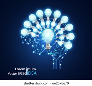 abstract business concept brain digital link and light bulbs on hi tech blue background