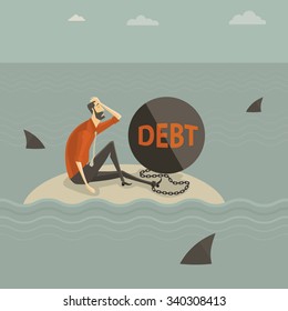 Abstract business concept of despondent, The man be trapped on the island, with a chain tied to the large steel letter DEBT, surrounded by sharks. Vector illustration cartoon modern style.