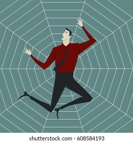 Abstract business concept of despondent, The man be trapped on cobweb. Vector illustration flat style.