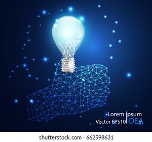 abstract business concept hand concede digital link and light bulb on hi tech blue background