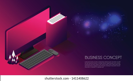 Abstract business concept. Modern gradient design. Computer desktop, book and mountain model place on gradient pink and dark blue background with copy space for text. EPS10, vector and illustration.