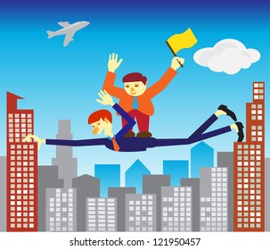 Abstract business concept : put a right man connect two building and winning. Vector Version.
