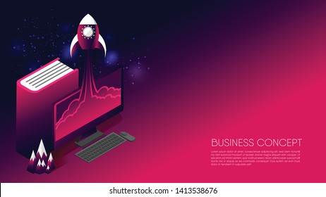 Abstract business concept, rocket fly from desktop computer, with copy space for text. Template and background. Ratio 1920x1080 px. EPS10, vector, illustration.