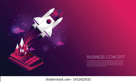 Abstract business concept. Spaceship launch from smartphone, surrounding by mountain, beach and sea, cloud, cluster of stars. With copy space for text. EPS10, vector and illustration.