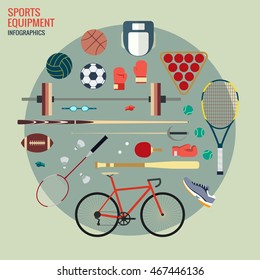 Abstract Business concept of Sports Equipment in flat icon design or infographics on green color background (vector)