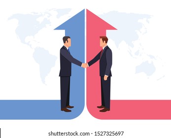 Abstract business cooperation concept. Partnership concept. Two businessman people characters shaking hands. 