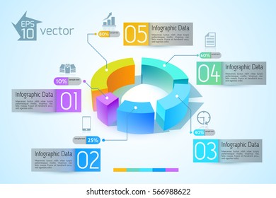 Abstract business diagram infographics with colorful 3d graphs five options text and icons vector illustration