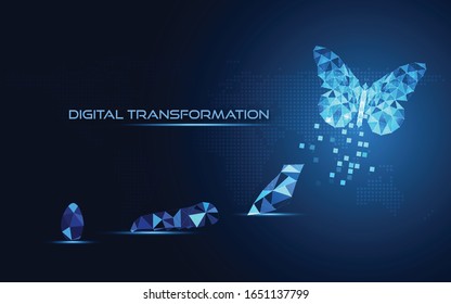 Abstract Business digital transformation innovative of butterfly life cycle evolution blue background. Renewal and Powerful transformation metamorphosis concept. Lightness of being and playfulness