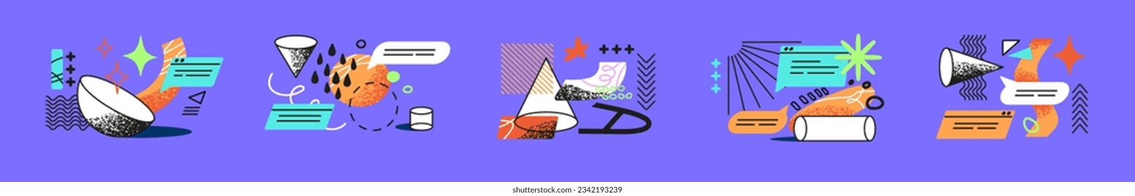 Abstract business, education, communication concept set. Geometric shapes, elements, items, creative marketing data, messages, modern trendy information, notes. Isolated flat vector illustrations