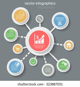 Abstract business finance data flat style thematic infographics concept. Circles with icons connected info graphic. Conceptual web site infographic collection.