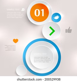 Abstract business geometrical design with paper circles. Love icon. Hand icon. People icon. Bird icon. Arrow.