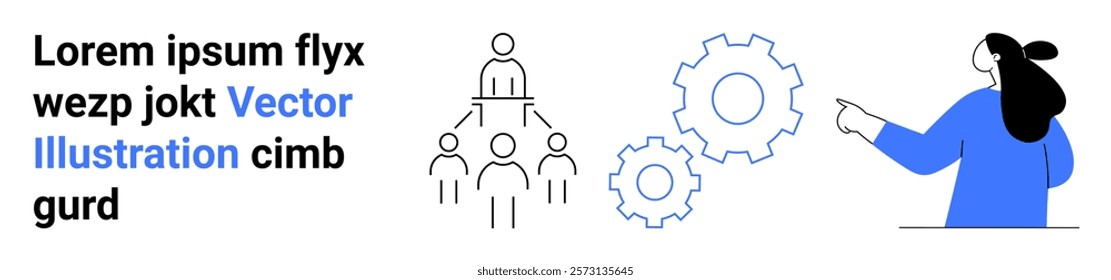 Abstract business hierarchy with cogwheels and a person pointing. Ideal for corporate strategy, teamwork, workflow, project management, and organizational structure concepts. Banner for landing page