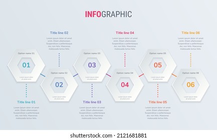 Abstract business honeycomb  infographic template with 6 options. Colorful diagram, timeline and schedule isolated on light background.